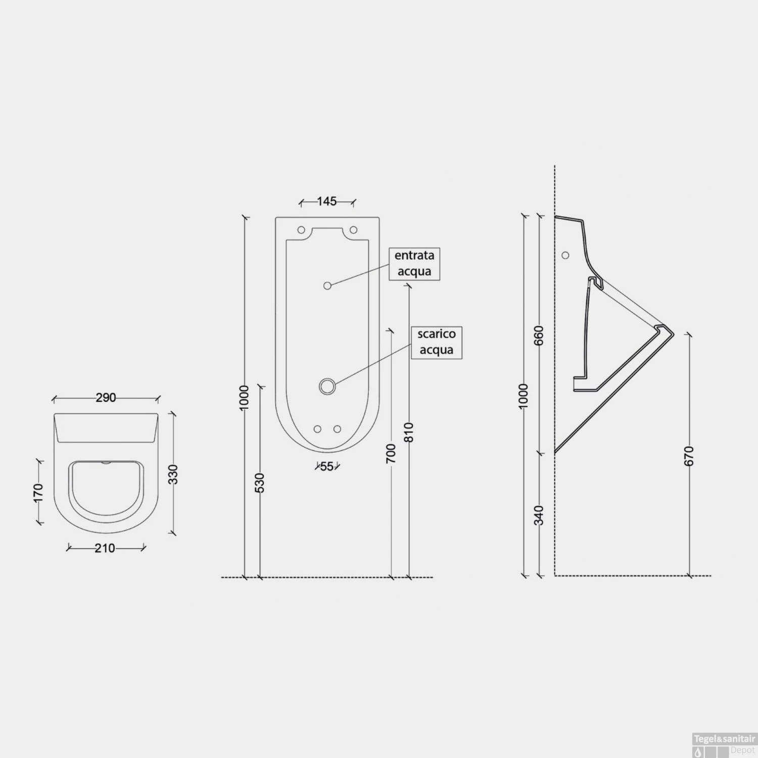 Urinoir Salenzi Hung Achterinlaat Mat Grijs (incl. Ophangset En Sifon) - Afbeelding 3