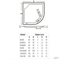 Kwartrond Douchebak Bounty 90 X 80 X 4 Cm Pergamon -Badkamerwinkel 90x80 bounty pergamon technische tekening