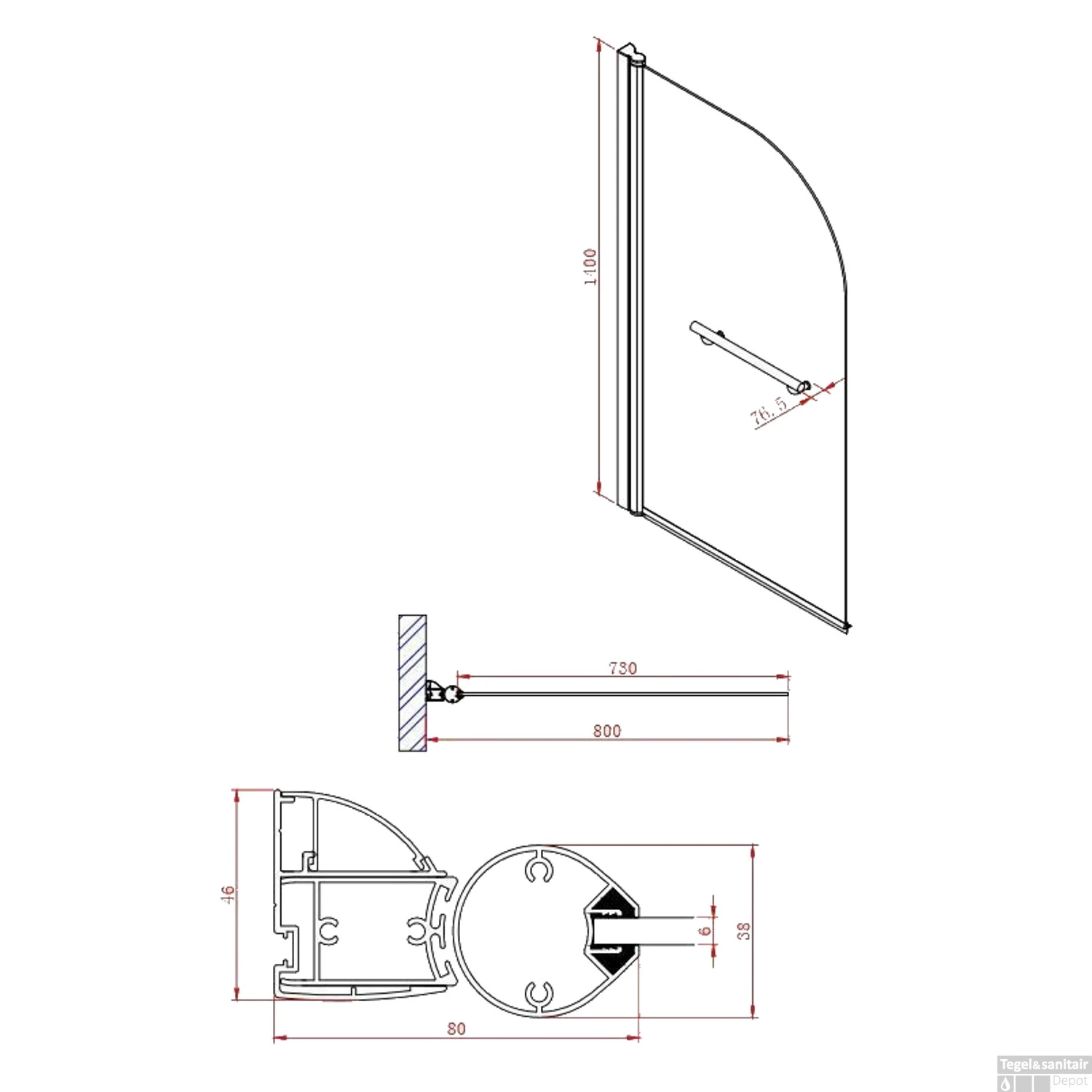 Badwand Boss & Wessing Bibi Afgerond 80x140cm Scharnierend Omkeerbaar 6mm 7 Badwand Boss & Wessing Bibi Afgerond 80x140cm Scharnierend Omkeerbaar 6mm - Afbeelding 5