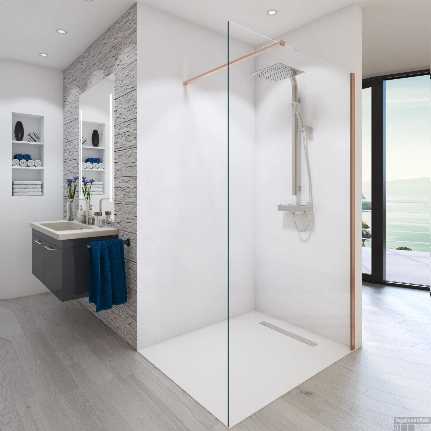 BWS Inloopdouche Pro Line Helder Glas 120x200 Geborsteld Messing Koper Profiel En Stang - Afbeelding 3