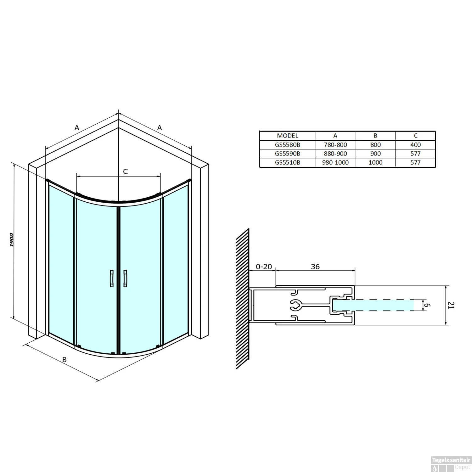 Douchecabine Gelco Sigma Simply Black Kwartrond 90x90x190 Cm Mat Zwart - Afbeelding 5