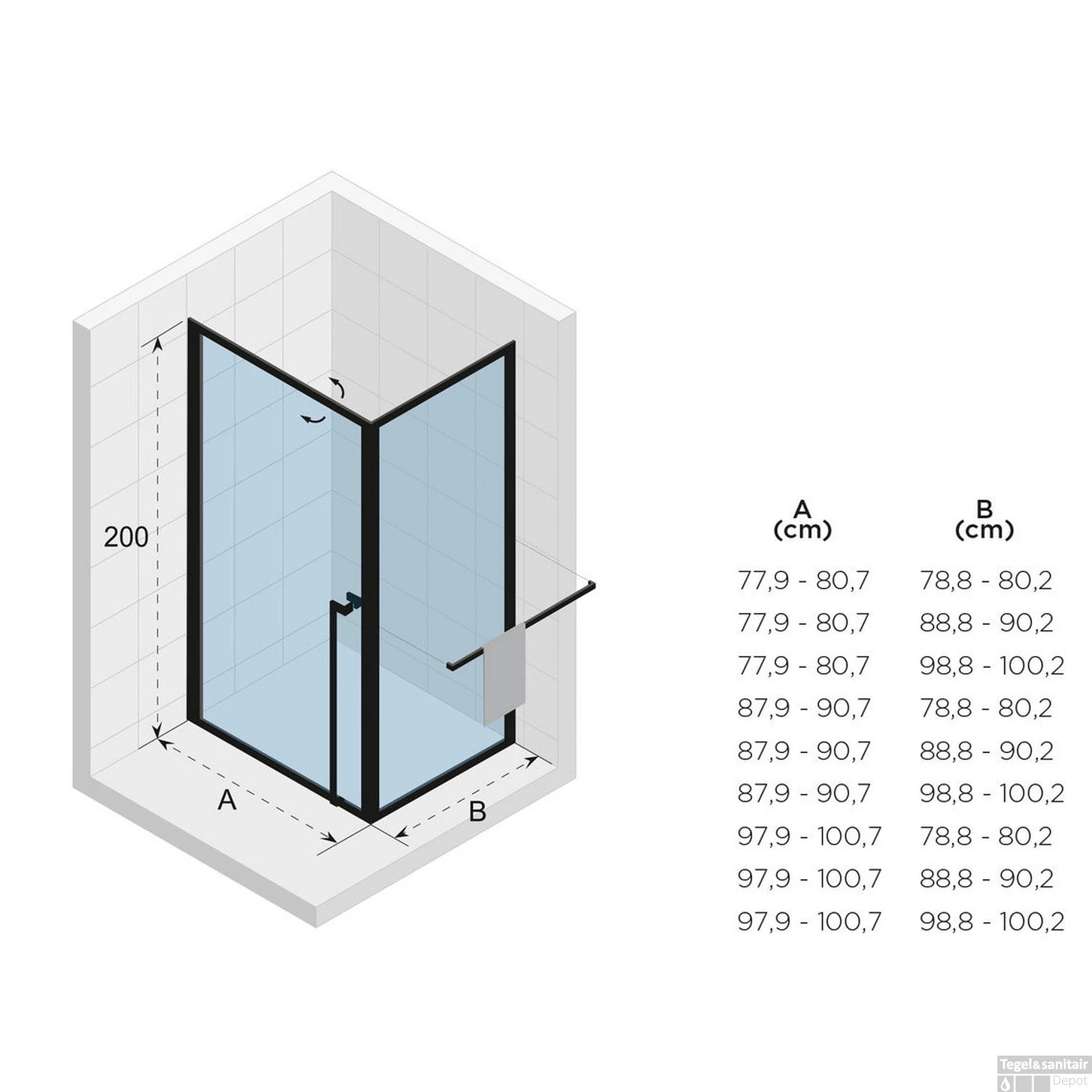 Douchecabine Riho Lucid GD201 Omkeerbaar Verstelbaar Aluminium 200x100x80 Cm Mat Zwart - Afbeelding 3