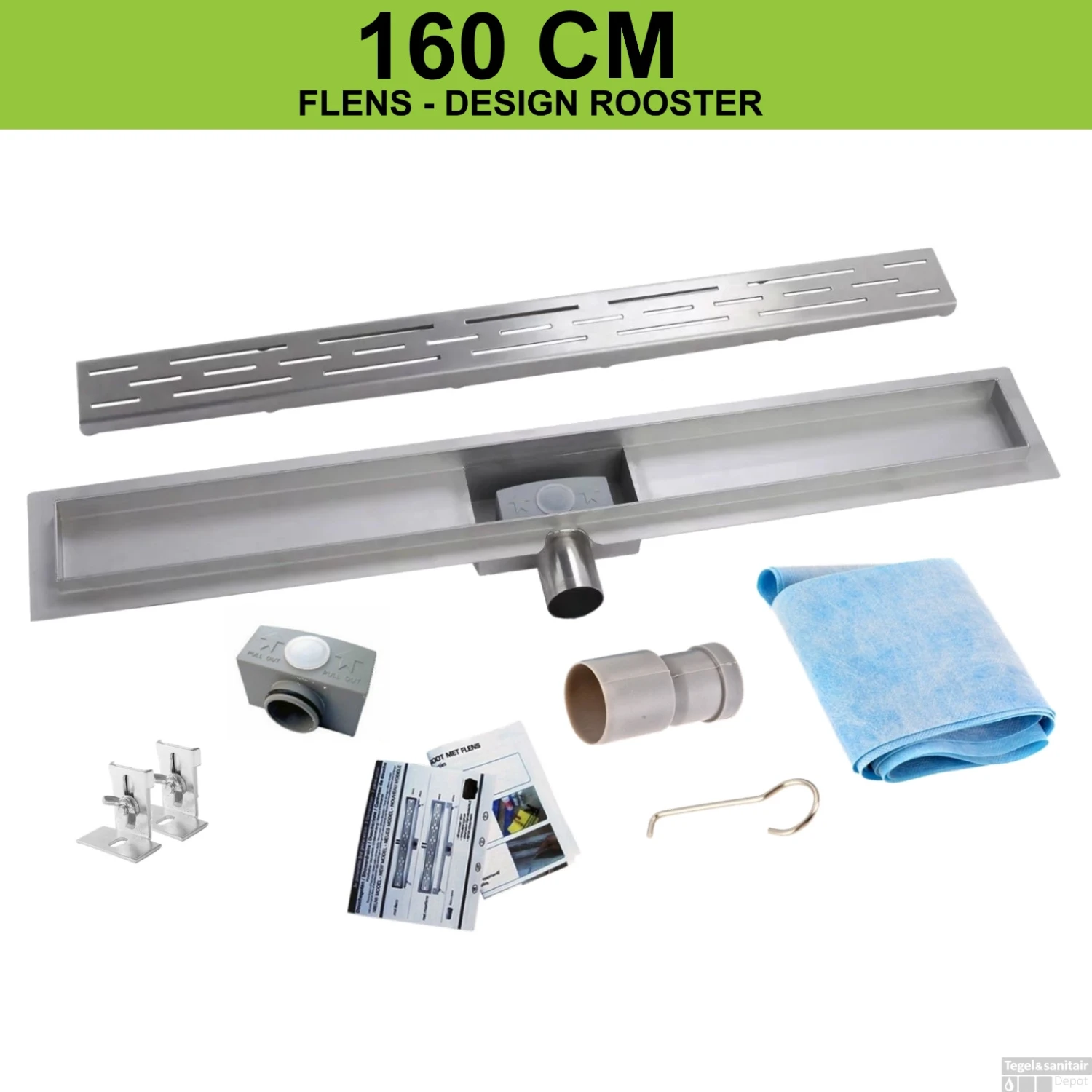 RVS Douchegoot Flens Met Uitneembaar Sifon 160x7cm 6,7cm Diep STANDAARD ROOSTER 3 RVS Douchegoot Flens Met Uitneembaar Sifon 160x7cm 6,7cm Diep STANDAARD ROOSTER