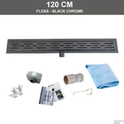 Zwarte Chromen RVS Douchegoot Flens Met Uitneembaar Sifon 120x7cm 6,7cm Diep BLACK CHROME ROOSTER
