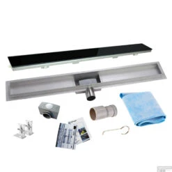 RVS Douchegoot Flens Met Uitneembaar Sifon 100x7cm 6,7cm Diep GLAS ROOSTER -Badkamerwinkel flens glas rooster 100cm shop