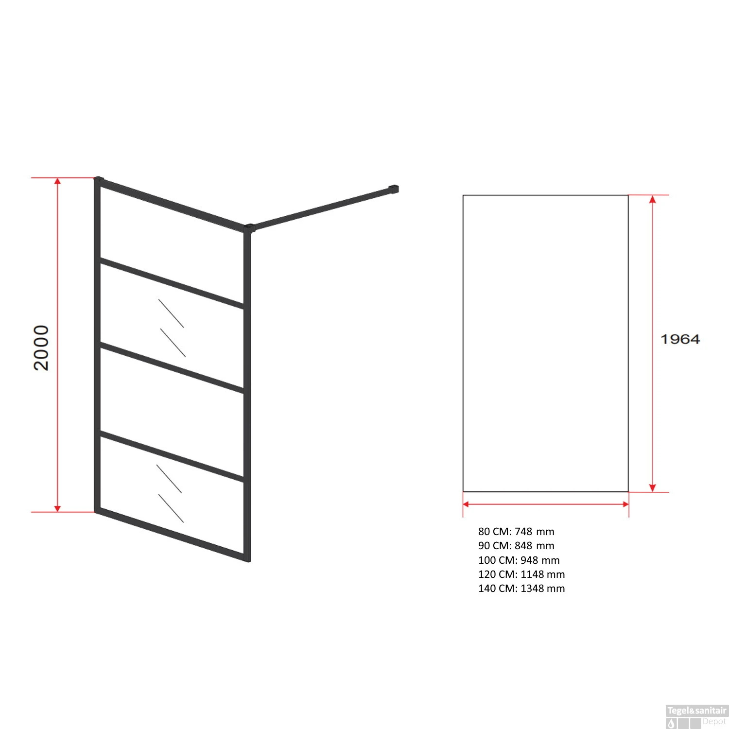 BWS Douchewand Evis 8mm Glas | Mat Zwart | Raster | Inloopdouche (Alle Maten) - Afbeelding 5