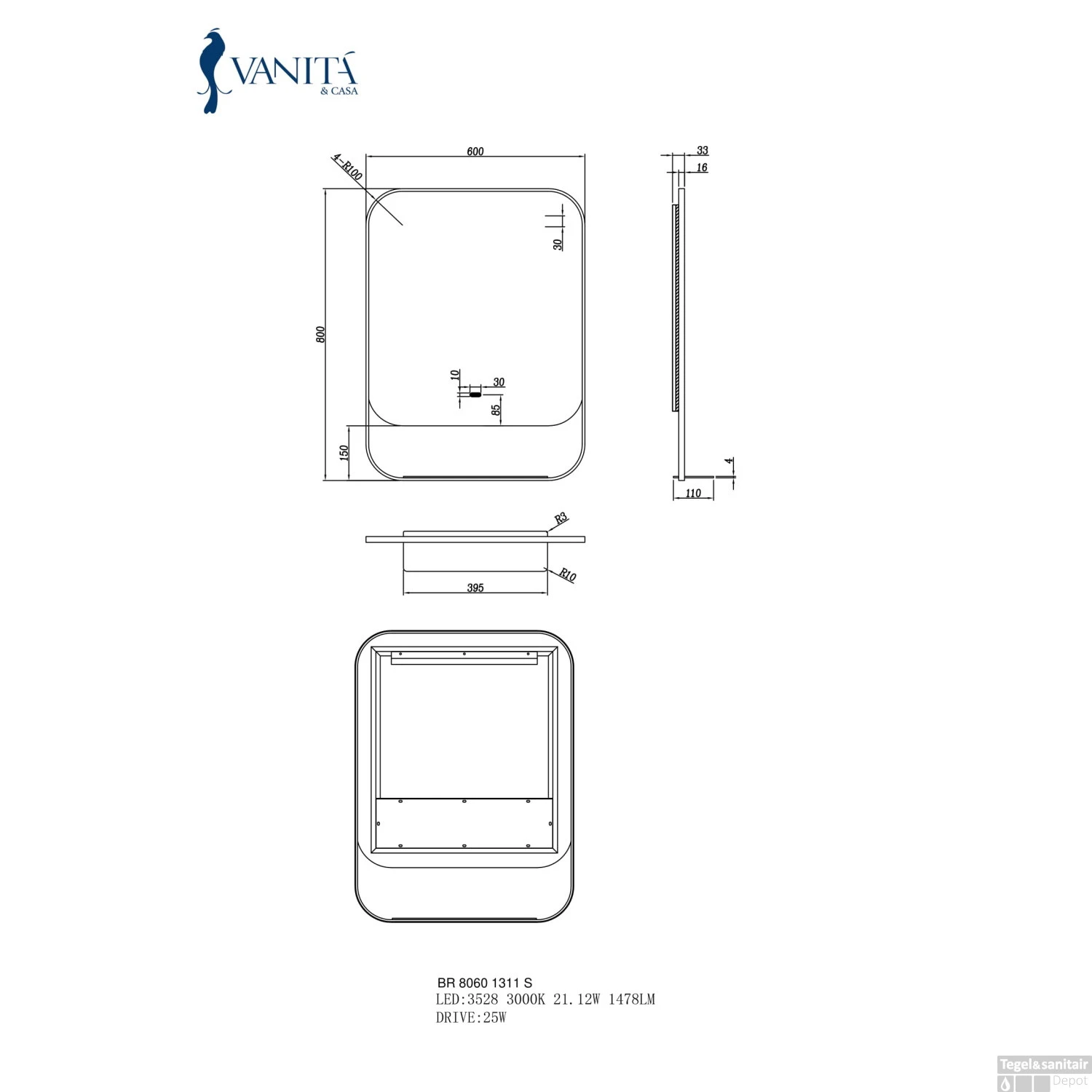 Led Spiegel Vanita Pollux 80x60 Cm Mat Zwart OP=OP 6 Led Spiegel Vanita Pollux 80x60 Cm Mat Zwart OP=OP - Afbeelding 4