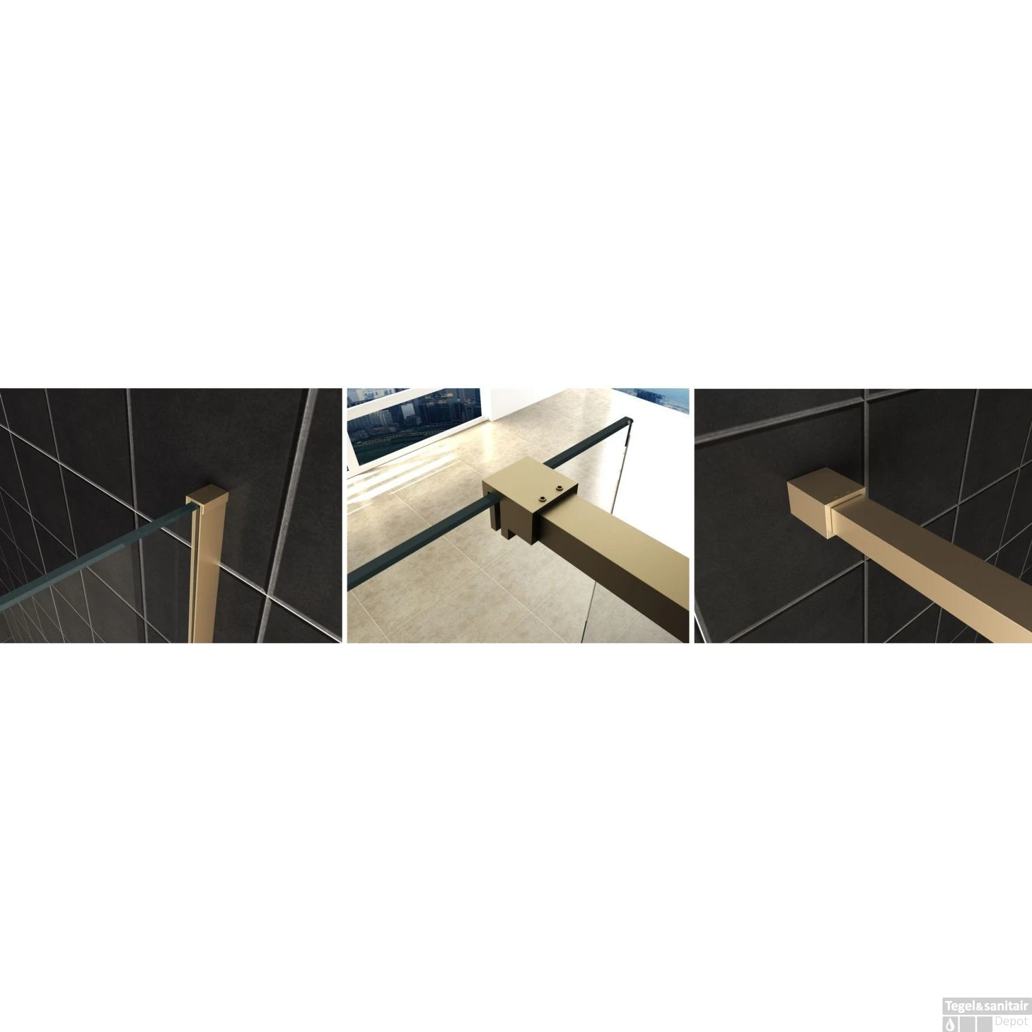 BWS Inloopdouche Pro Line Rookglas 110x200 Nano Coating Geborsteld Messing Goud Profiel En Stang - Afbeelding 3