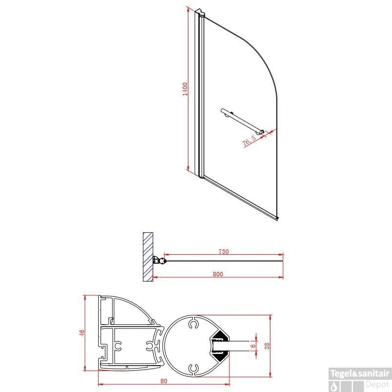 Badwand Boss & Wessing Bibi Afgerond 80x140cm Scharnierend Omkeerbaar 6mm 5 Badwand Boss & Wessing Bibi Afgerond 80x140cm Scharnierend Omkeerbaar 6mm - Afbeelding 3