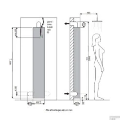 Sunshower Deluxe Mat Zwart UV En Infrarood Inbouwapparaat 32x187x16 Cm Aluminium Mat Zwart -Badkamerwinkel technische tekening deluxe white 1